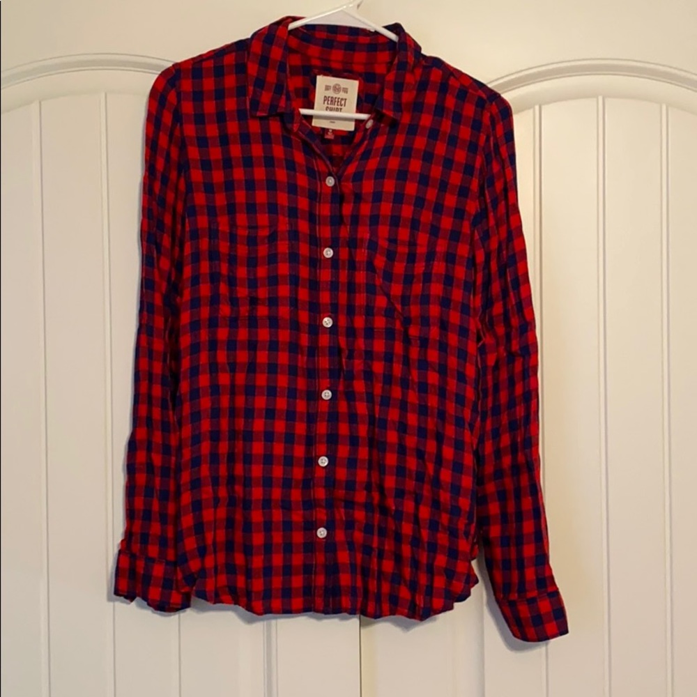 Red and Blue Checked Long Sleeve Button Up Top M
